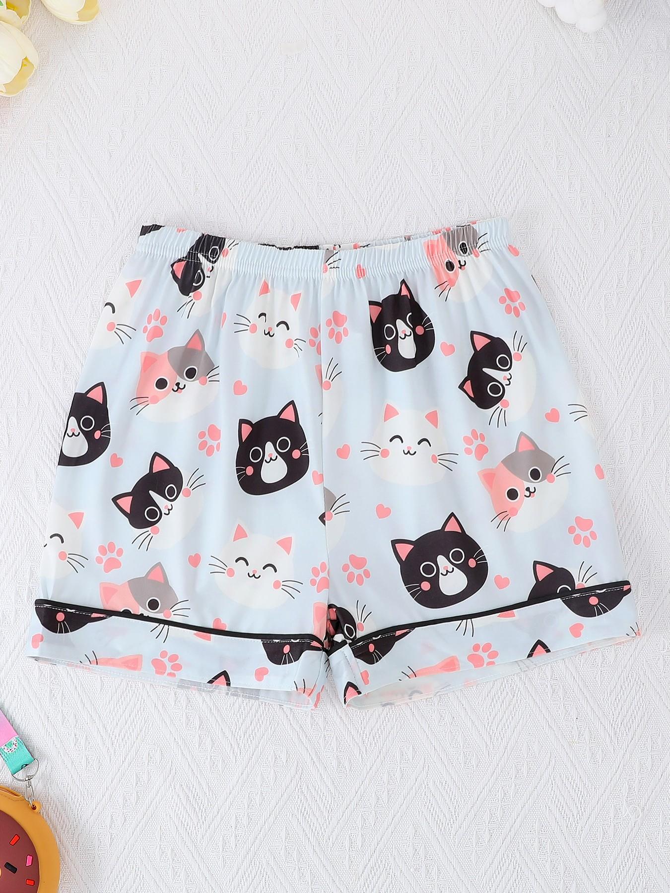 2-Piece Kids Pajama Set, Cartoon Cat Footprint Pattern, Fashion Open-Cardigan Short Sleeve, Flame-Retardant Knit, All Seasons, Party Gift