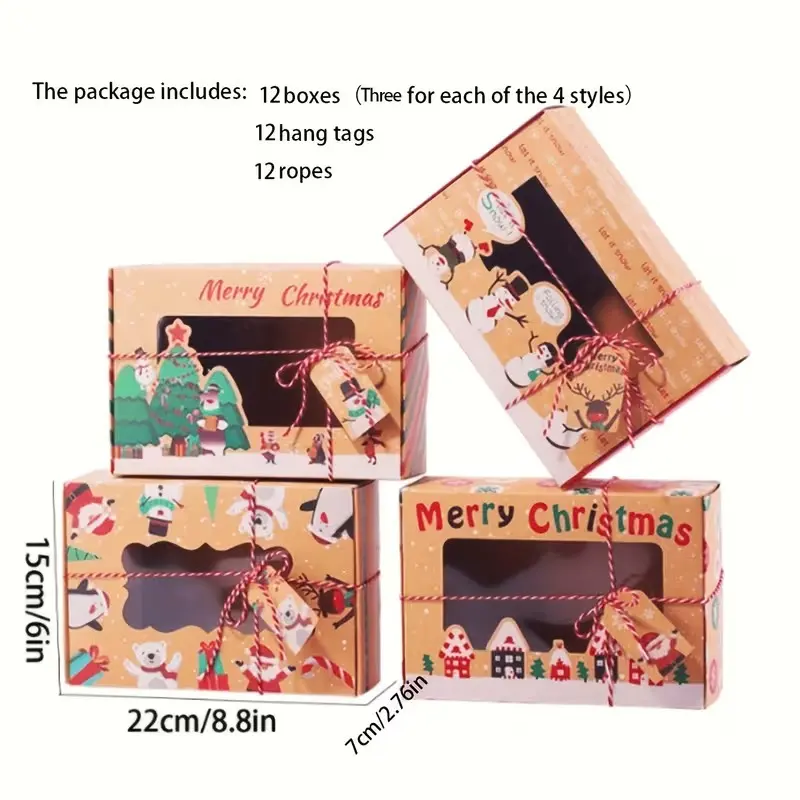 Christmas Kraft Cookie Boxes with Clear Window,12 Pack,4 Designs Mixed,8.8×6×2.8inch,Xmas Bakery Treat Gift Boxes,Comes with Hang Tags & Twine,Holiday Baking Gift Containers