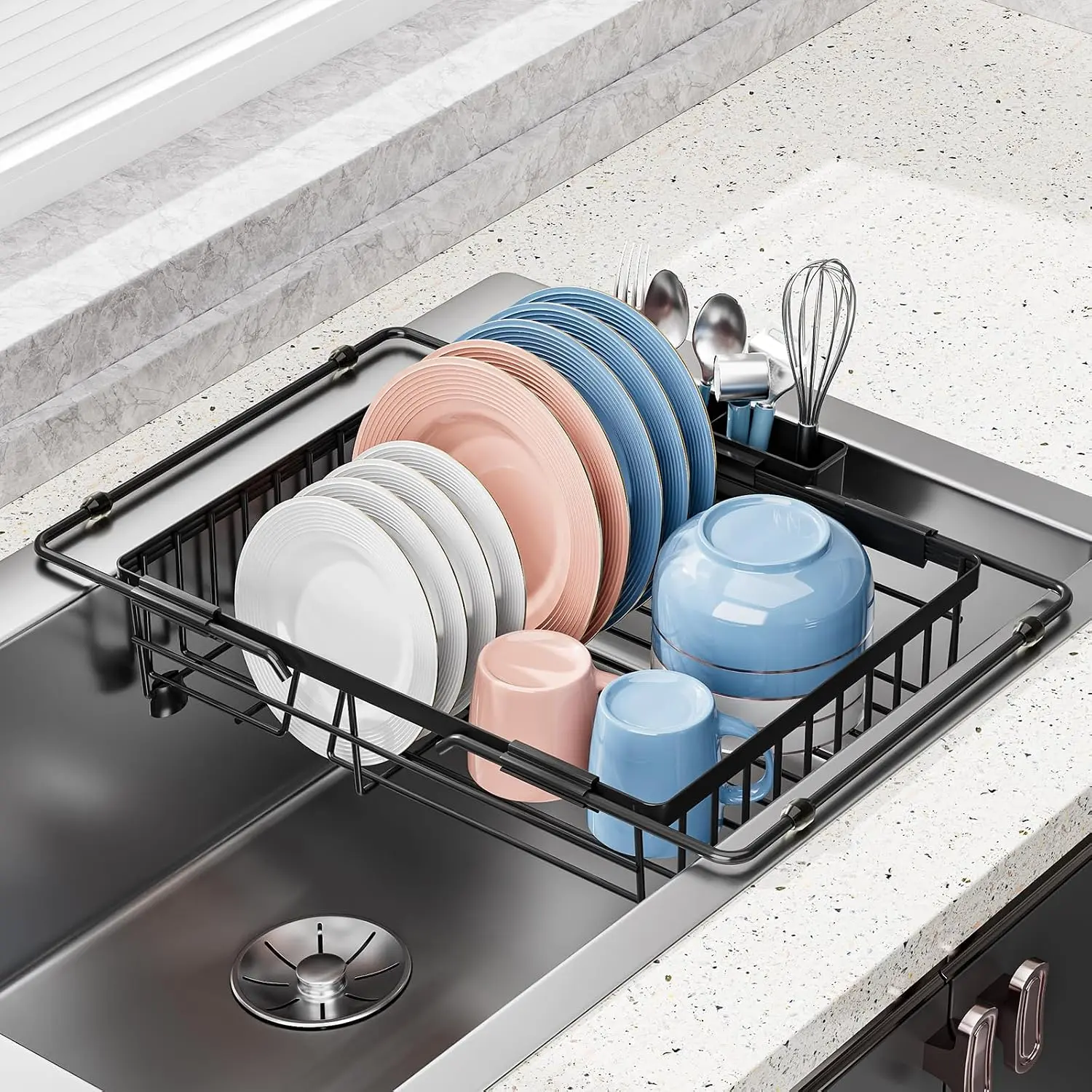 Expandable in Sink Dish Drying Rack - Adjustable Capacity Over The Sink Dish Drainer Drying Rack with Utensil Holder for Kitchen Counter, Drying Rack for Small Space,14.96“L x 11.81“W x 3.74”D