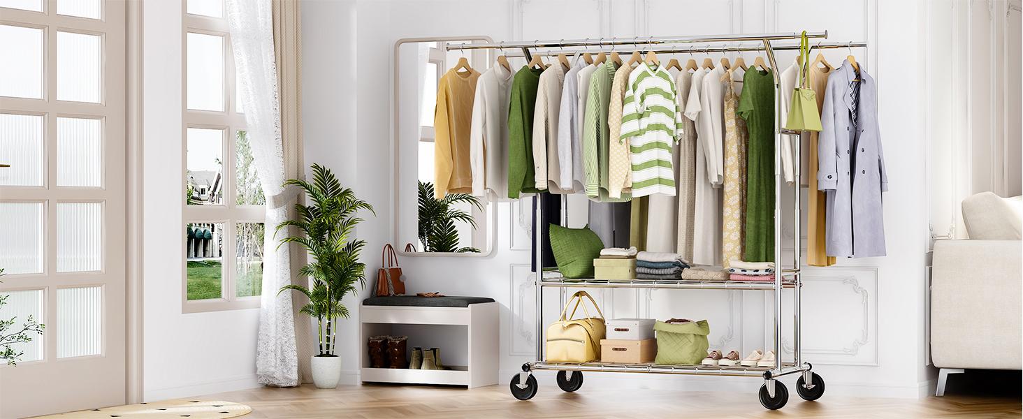 [RaybeeBrandyDay] Clothes Rack, with Wheels 265 LBS Adjustable Garment Rack Heavy Duty Clothes Rack for Hanging Clothes Rolling Clothing Rack with Double Shelves