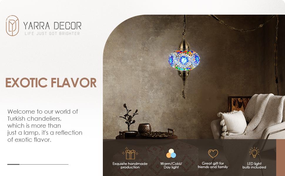 Yarra-Decor Turkish Moroccan Pendant Hanging Light with 15feet Cord Tiffany Style Mosaic Ceiling Lamp for Bedroom Blue Crystal North American Plug Decorative Lighting Home Lighting Led Lighted