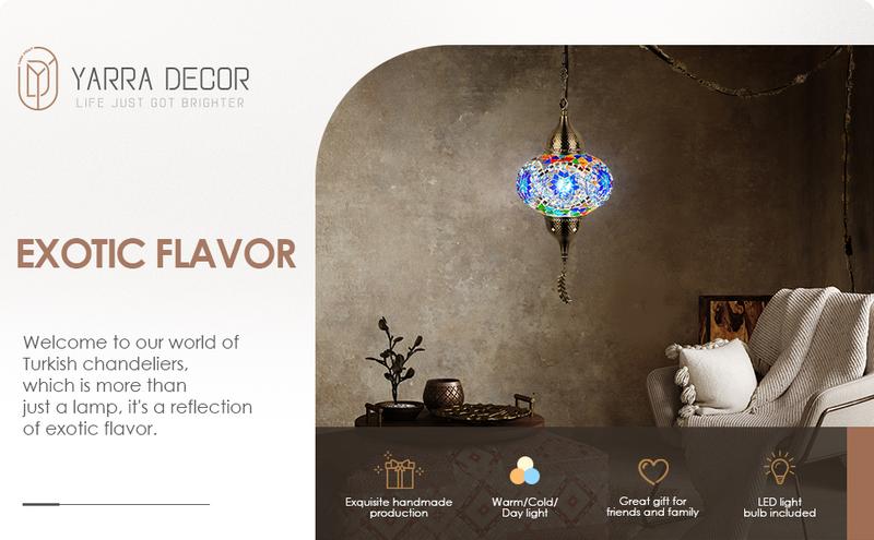 Yarra-Decor Turkish Moroccan Pendant Hanging Light with 15feet Cord Tiffany Style Mosaic Ceiling Lamp for Bedroom Blue Crystal North American Plug Decorative Lighting Home Lighting Led Lighted