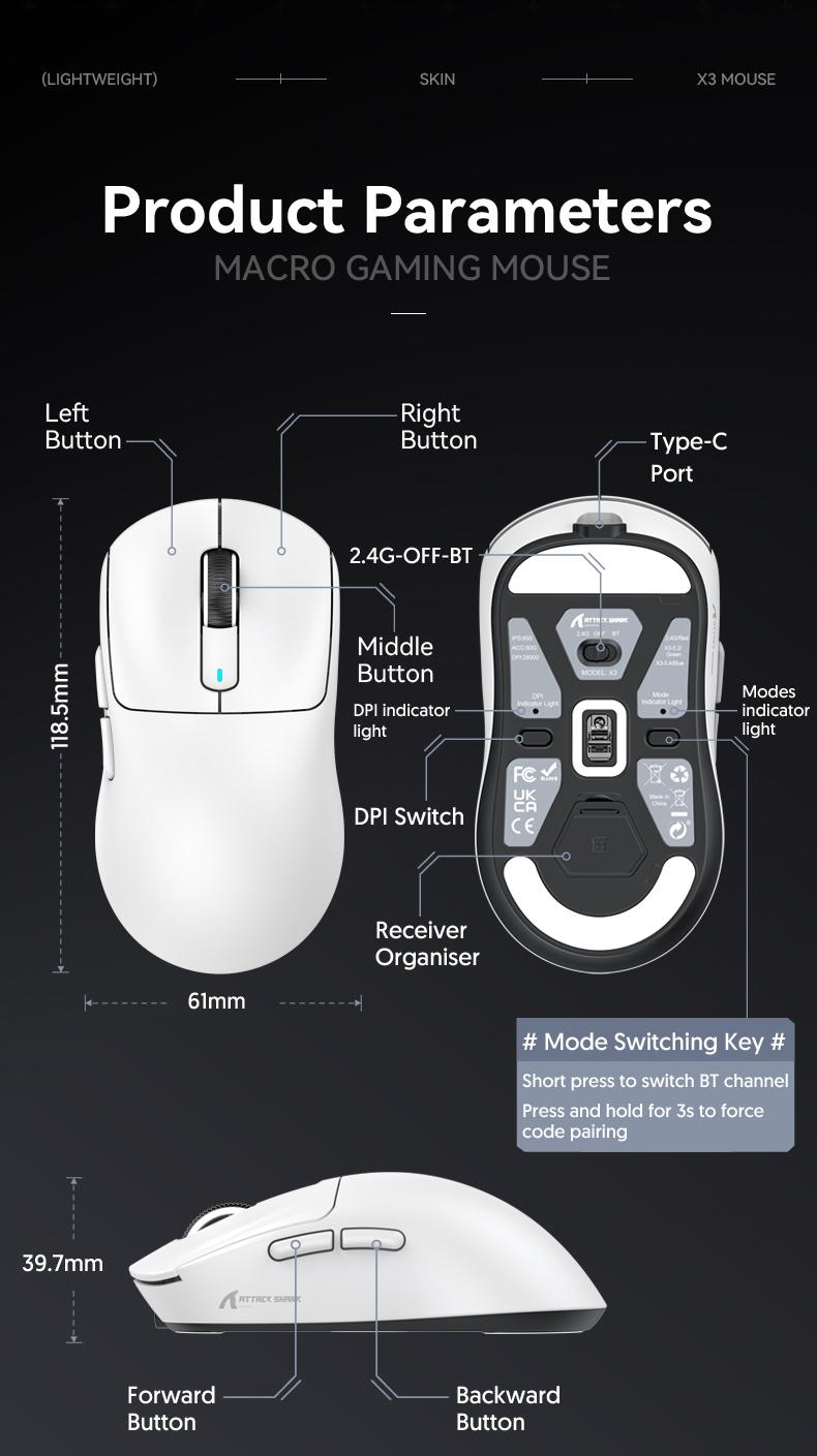ATTACK SHARK X3 Wireless Gaming Mouse PAW3395 Superlight 49g SUPERLIGHT, PixArt PAW3395 Gaming Sensor, BT/2.4G Wireless/Wired, 6 Adjustable DPI up to 26000, 200 hrs Battery