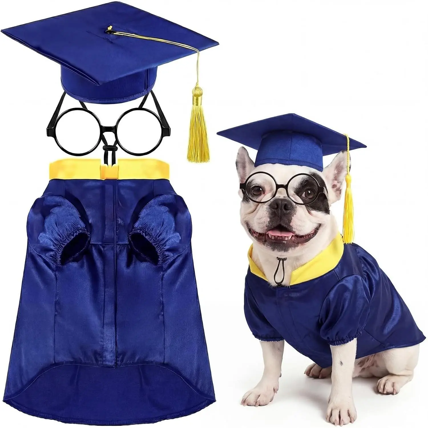 3 Pcs Dog Graduation Costume Set Include Pet Graduation Gown Adjustable Puppy Grad Cap with Gold Tassel Lensless Glasses for Dogs Cats Holiday Costume Accessory(Royal Blue,M)