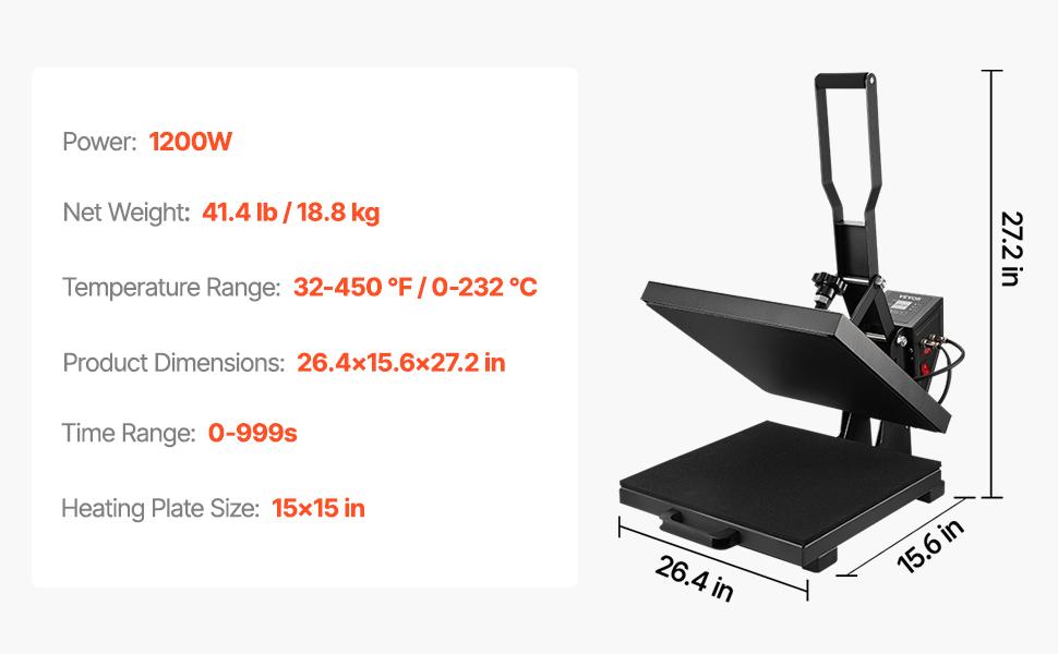fathersdaygift VEVOR Heat Press, 15x 15 inch Heat Press Machine for T-shirts, Fast and Even Heating, Easy to Use, High Pressure for Digital Industrial-Quality Sublimation Printer for Transfer Vinyl, T-shirt, Black
