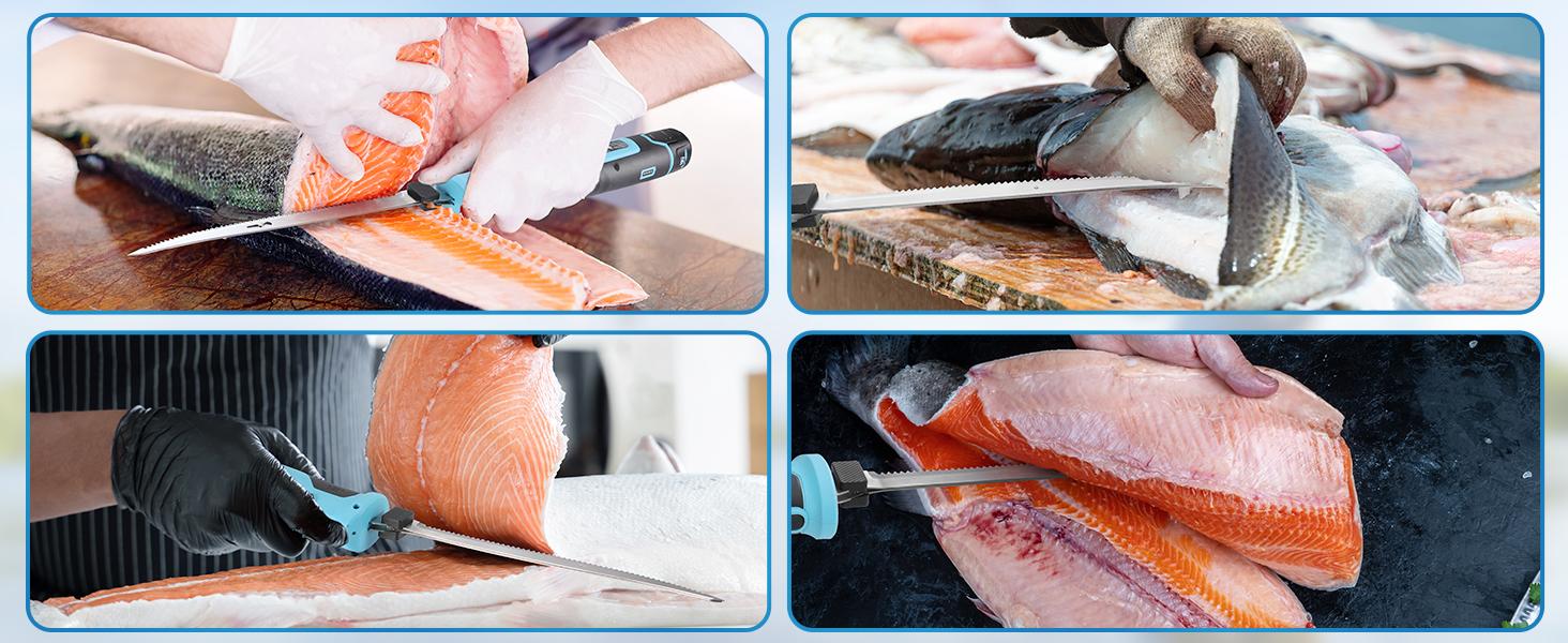 #LaborDay FLISSA Cordless Electric Fillet Knife for Fish with 8" and 10" Stainless Steel Blades, Rechargeable Electric Knife with Non-Slip Handle, 2 Packs Long Lasting Lithium-ion Battery, Portable Carry Case