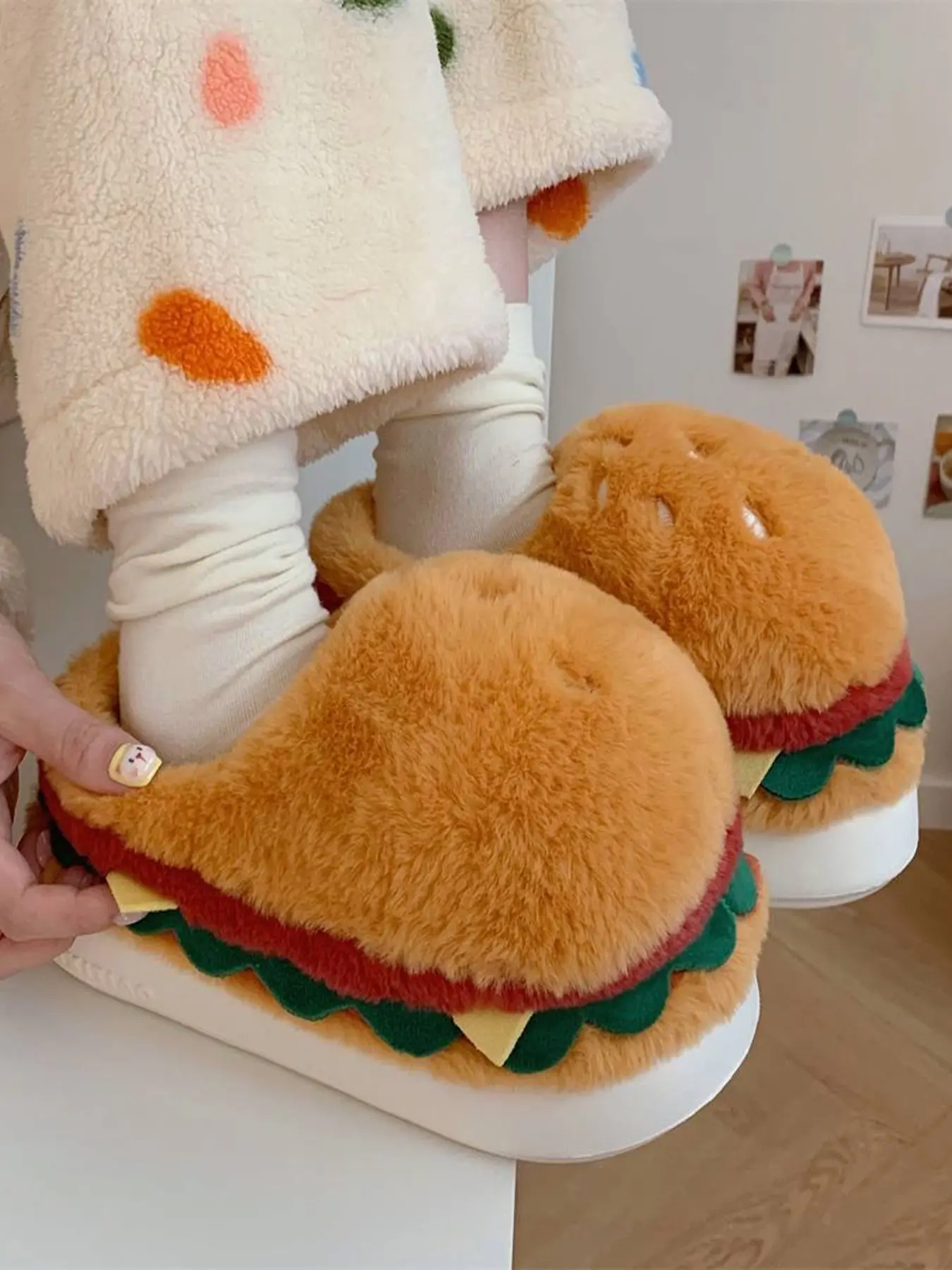 Autumn Winter Fun Home Cotton Slippers, Couple Cute Burger Full Sole Warm Unisex Plush Slippers, Cozy Indoor Footwear for Couples