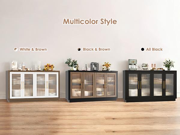 FOTOSOK Buffet Cabinet with Storage, 55.1" Large Sideboard with 4 Glass Doors, Kitchen Cabinet Buffet Table, Wood Coffee Bar Display Cabinet