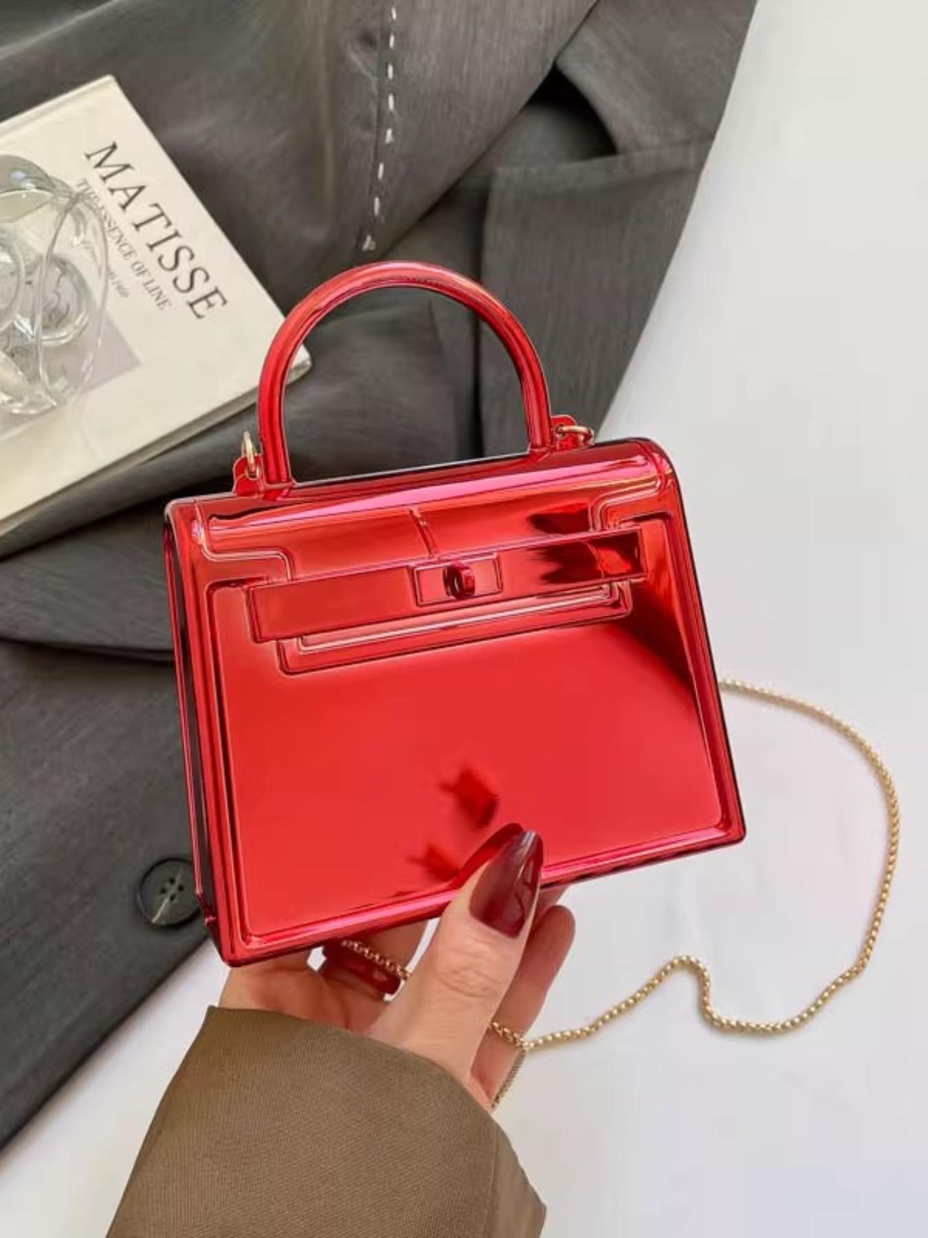 Spring Summer Glossy Acrylic Mini Bag, Kelly Platinum Small Square Bag, Party Handbag, Retro Lock Clutch, Lady Chain Wallet, Evening Box Bag