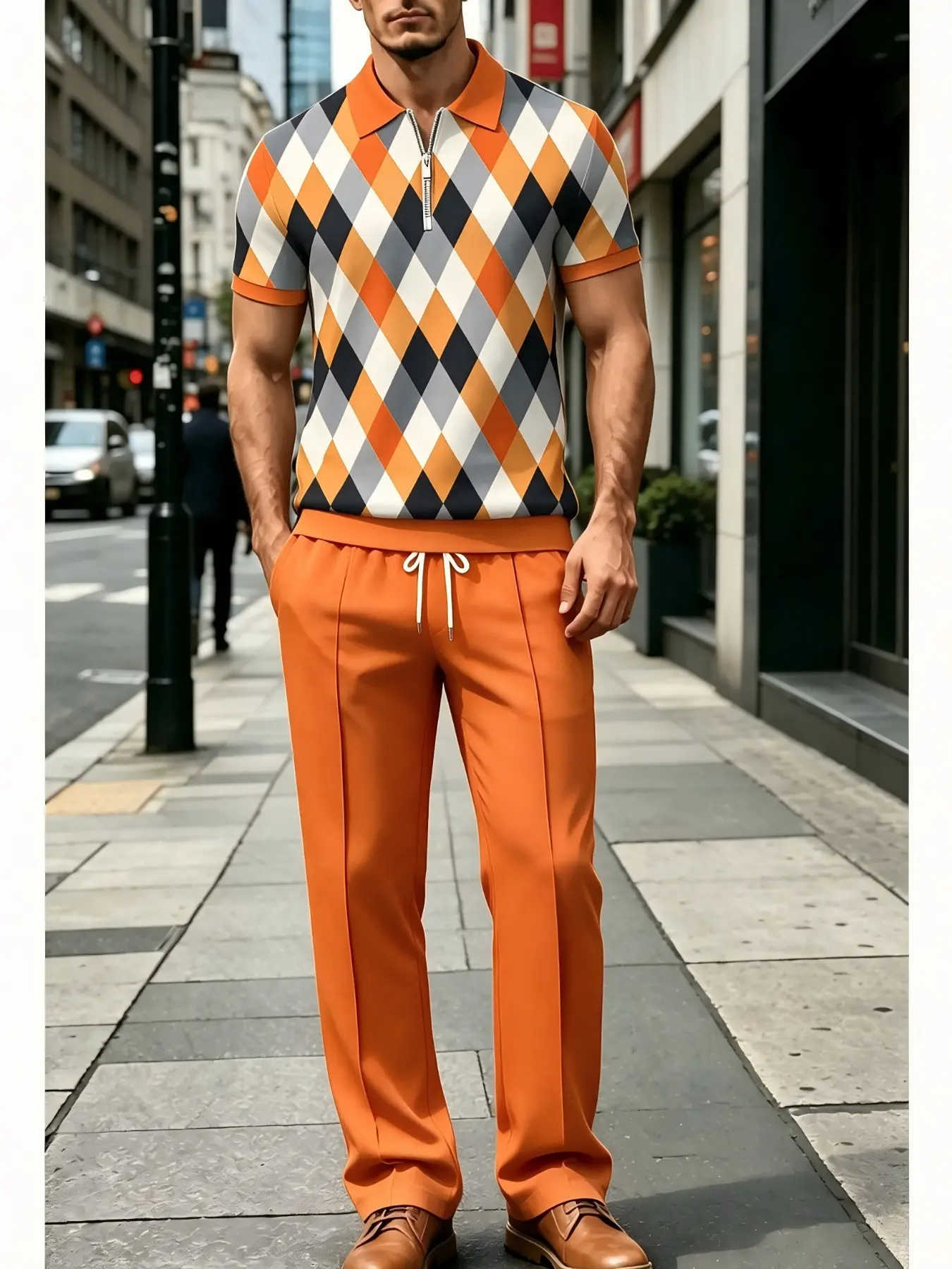 Men's Geometric Print Polo Two-Piece Set, Half-Zip Short Sleeve + Drawstring Long Pants, Casual Loose-Fit Suit for Spring & Fall
