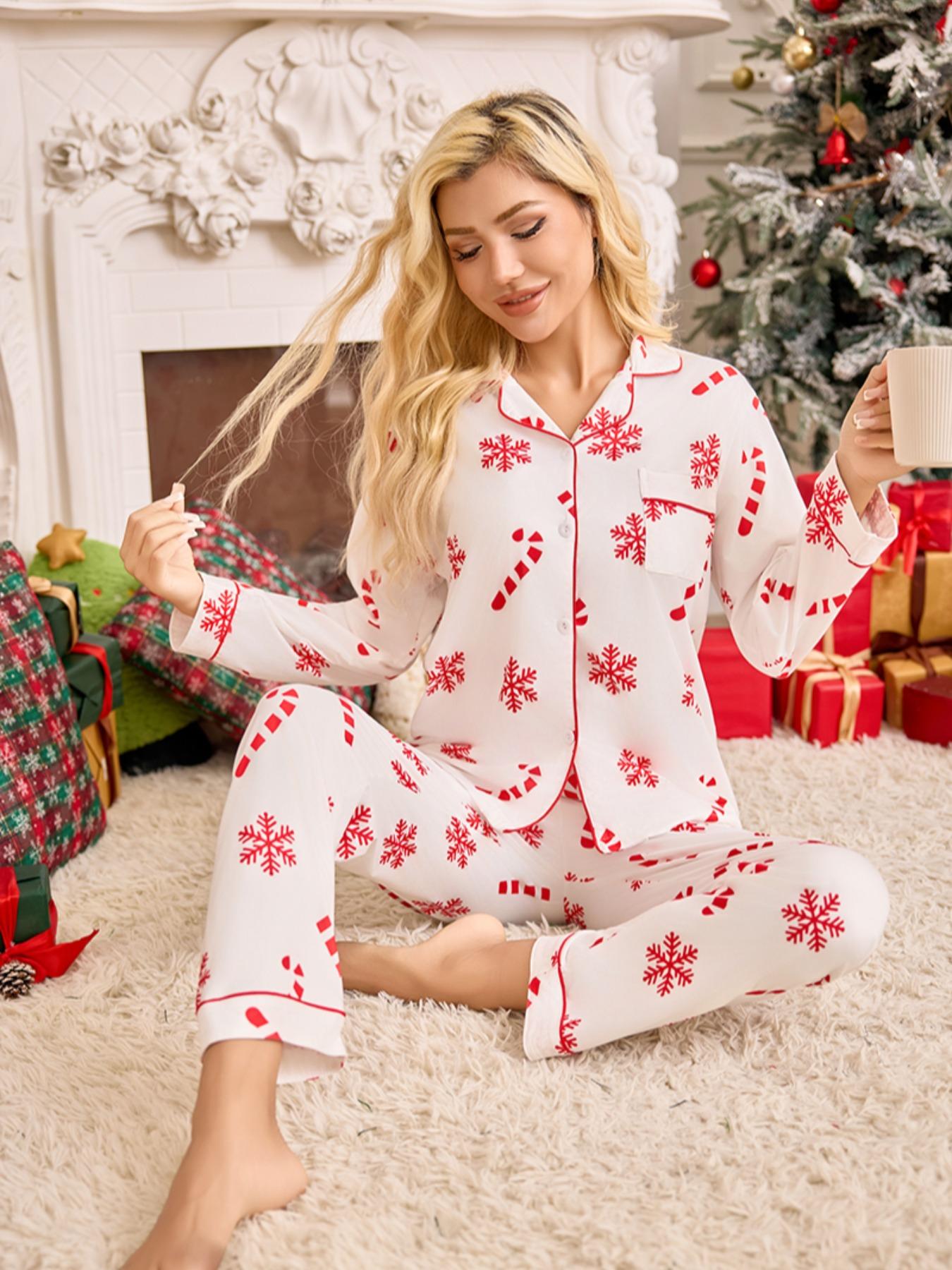 Women's Snowflake Cane Christmas Print Pajama Set, Long Sleeve Sleepwear, Comfortable Nightwear, All Seasons, Perfect Gift, Pyjamas, Pajamas Lounge Set