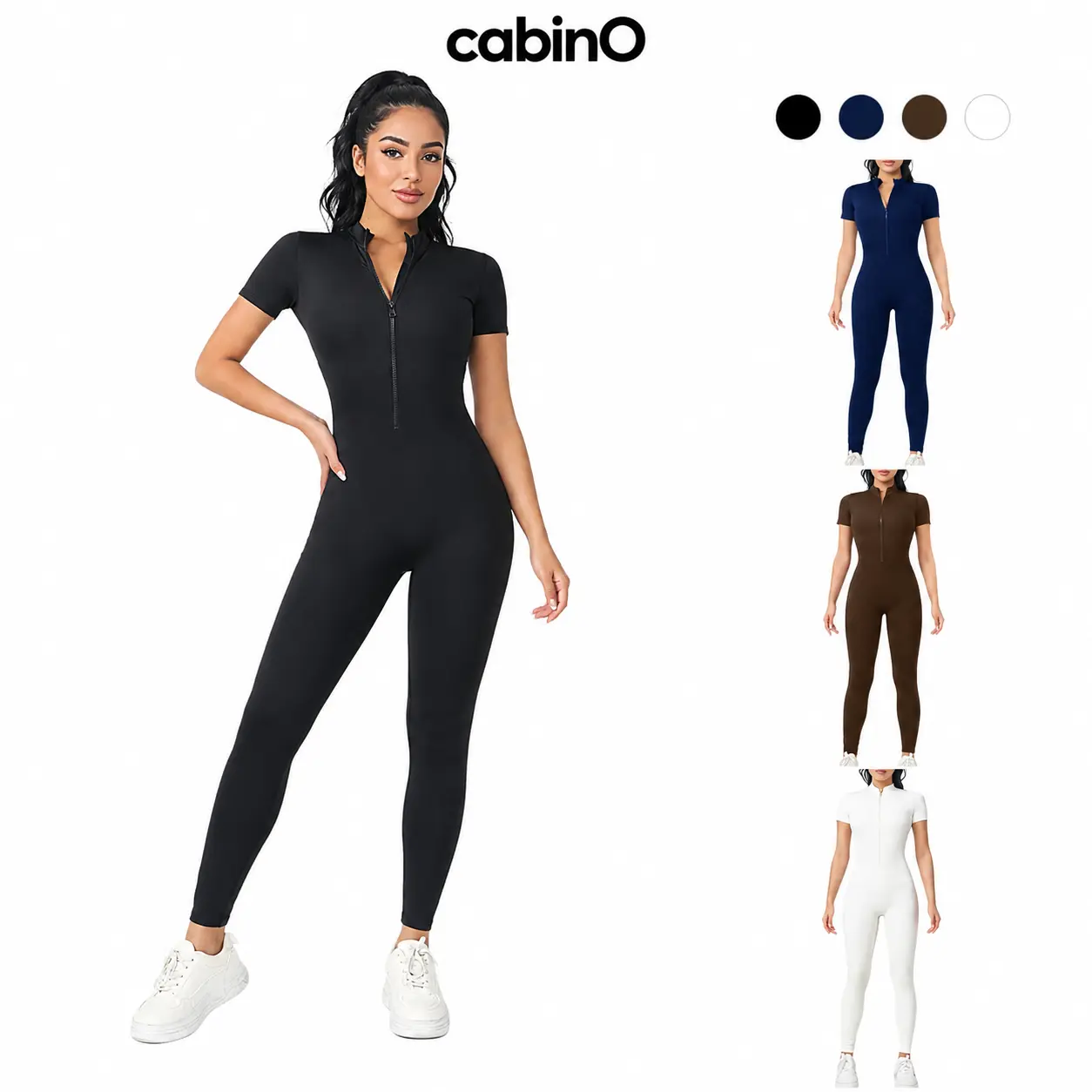 Cabino Women’s Black Zip-Front Workout Jumpsuit, Short-Sleeve Mock-Neck Slim-Fit Full-Length One-Piece Activewear for Yoga, Pilates, Gym Training, Running and Casual Streetwear