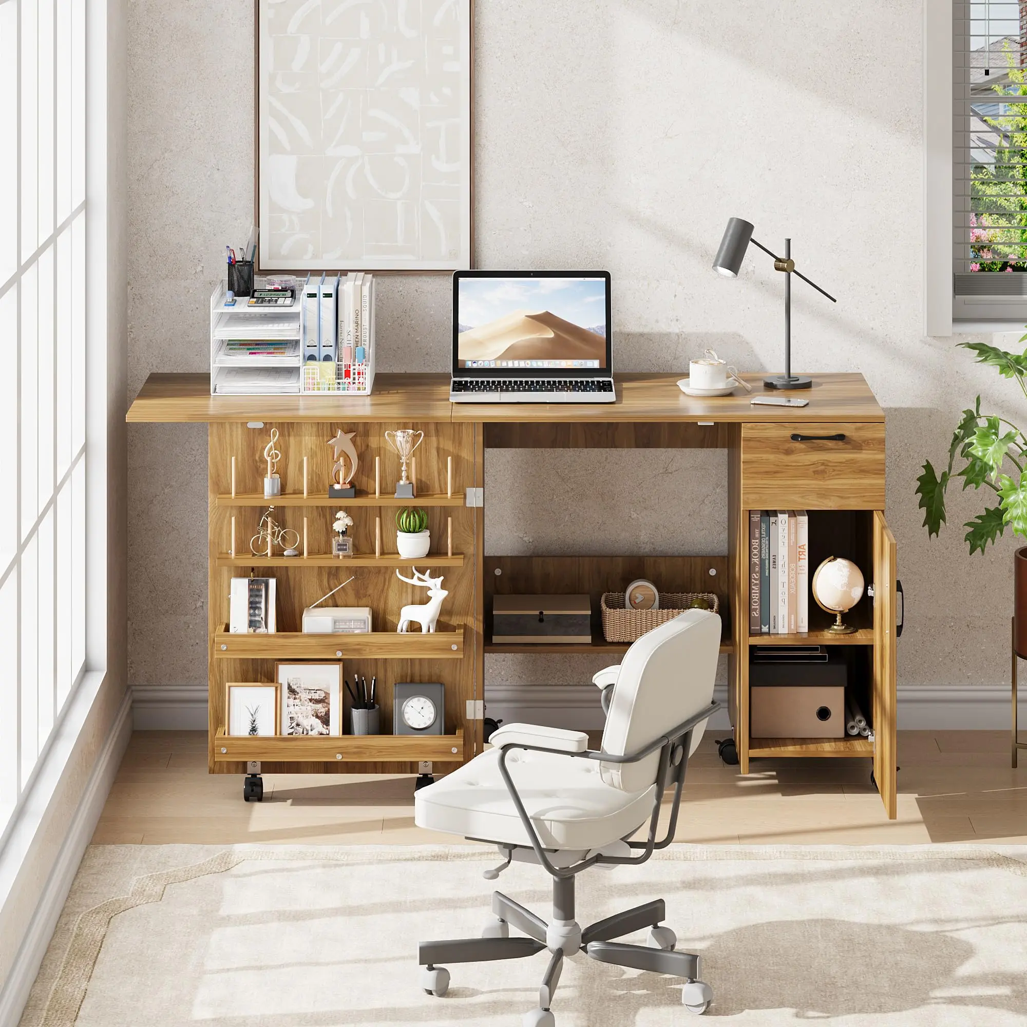 Folding Entryway Storage Cabinet – Multi-Functional Sewing Table with Adjustable Height, Sliding Drawer, Storage Shelves, Lockable Wheels – Sturdy, Space-Saving Craft Desk for Home, Bedroom, Small Spaces