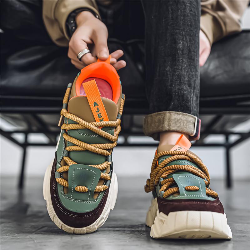 Low-top round toe lace-up casual men's shoes with color-blocking design, available in green and black. Versatile and comfortable running shoes suitable for all seasons, ideal for daily wear, sports and hiking.