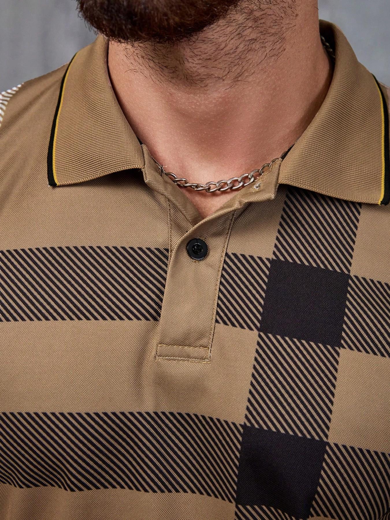 Vintage Plaid Polo Shirt Men Khaki Checkered Short Sleeve Tees Old Money Aesthetic Classic Casual Streetwear Muscle Fit Summer Daily Date Night Outfits
