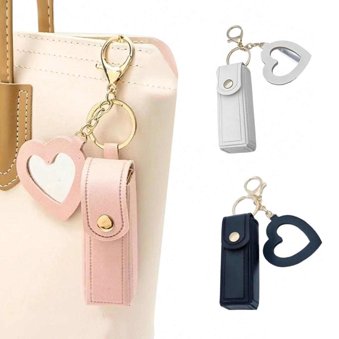 Heart-Shaped Mirror Lipstick Case Keychain Holder, Portable Pocket Makeup Stand, Travel Accessory, Gift for Family and Friends