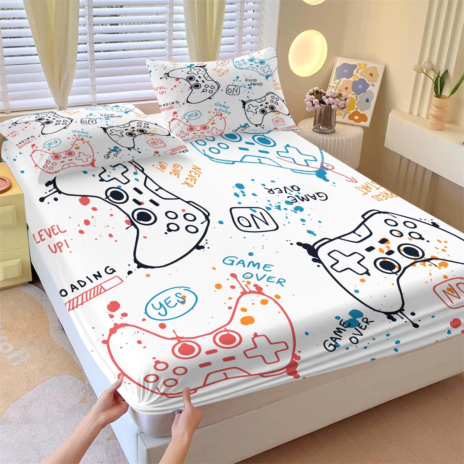 3 Piece Gamer Fitted Sheet Set, 1 Fitted Sheet + 2 Pillowcases, Cool Game Controller Bedding for Boys Teens Gamers, Gaming Room Decor for Kids Bedroom Dorm, Ideal Gift for Video Game Lovers