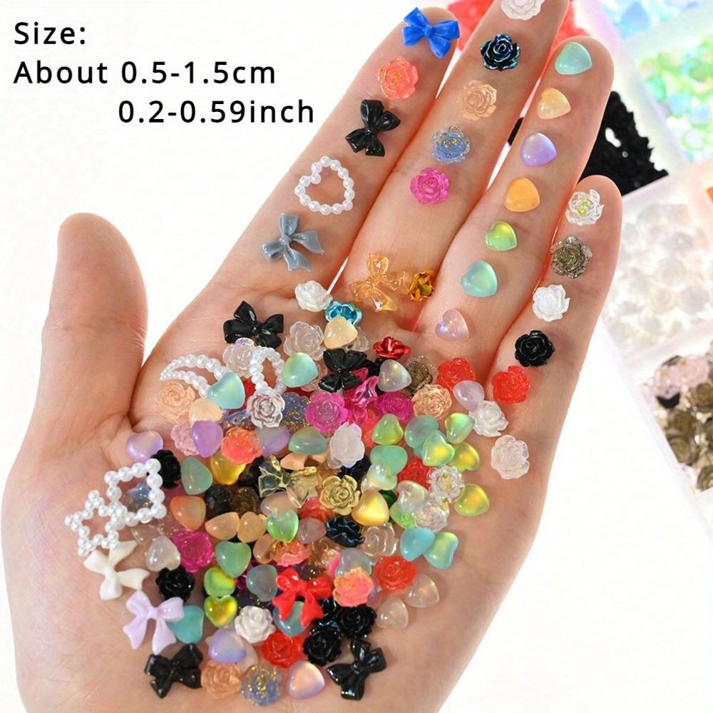 500-600pcs 3D Resin Nail Art Decorations, Mixed Colors Heart Flower Bow Flat Bottom Rhinestones, DIY Jewelry Accessories