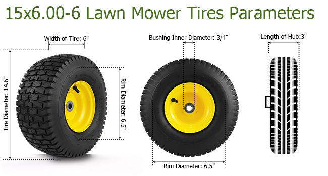 1PCS 15x6.00-6 Lawn Mower Tires, 4 Ply Tubeless 15x6-6 Front Tire Assembly Replacement for Craftsman/John Deere/Cub Cadet Riding Mowers,570lbs Capacity,3" Offset Hub,3/4" Bushing