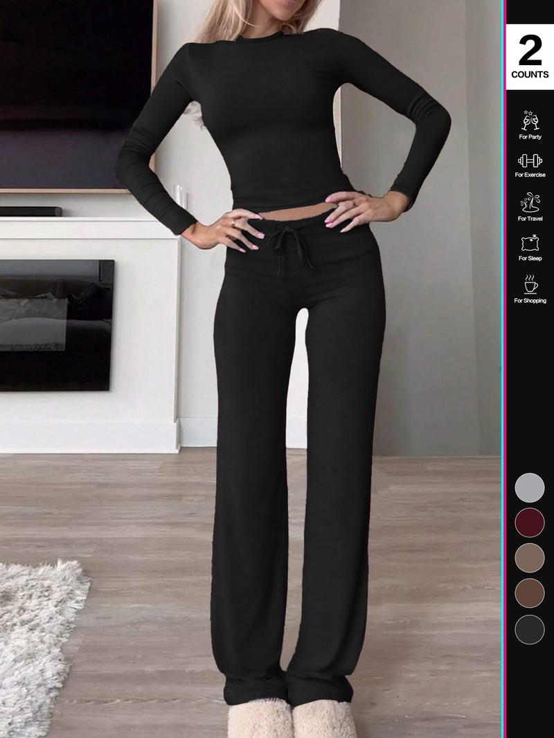 2026 Two Pieces Fall Women Clothes Y2K Sporty Casual Home Solid Color Fitted Long-Sleeved T-Shirt And Long Pants Set