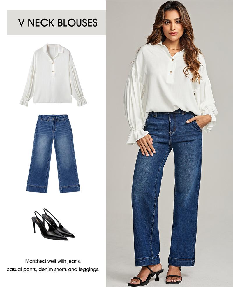 EVALESS Women's Casual Blouses Business Linen Tops Cute Puff Sleeve V Neck Button-Down Henley Shirts 2025 Fall Outfits