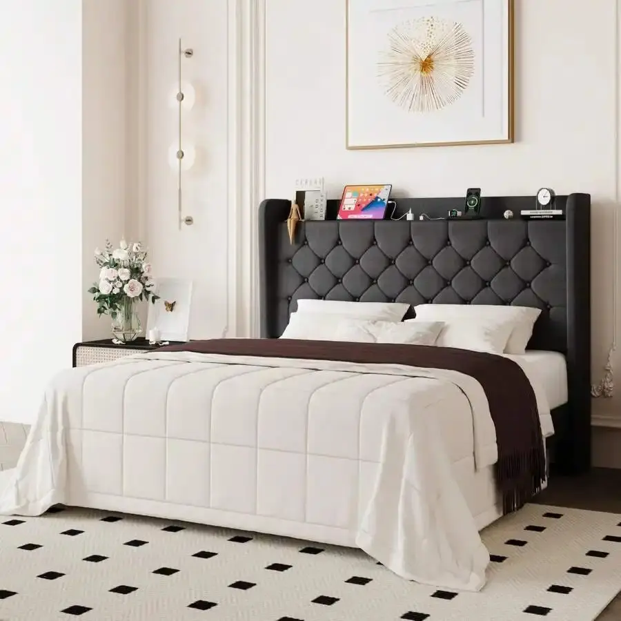 Allewie Full/Queen/King Size Bed Frame, Storage Headboard With Charging Station, Wingback Linen Upholstered, Diamond Stitched Button Tufted, Sturdy Wooden Slats, No Box Spring Needed, Easy Assembly, Dark Grey Primed "T" Style DIY Barn Door