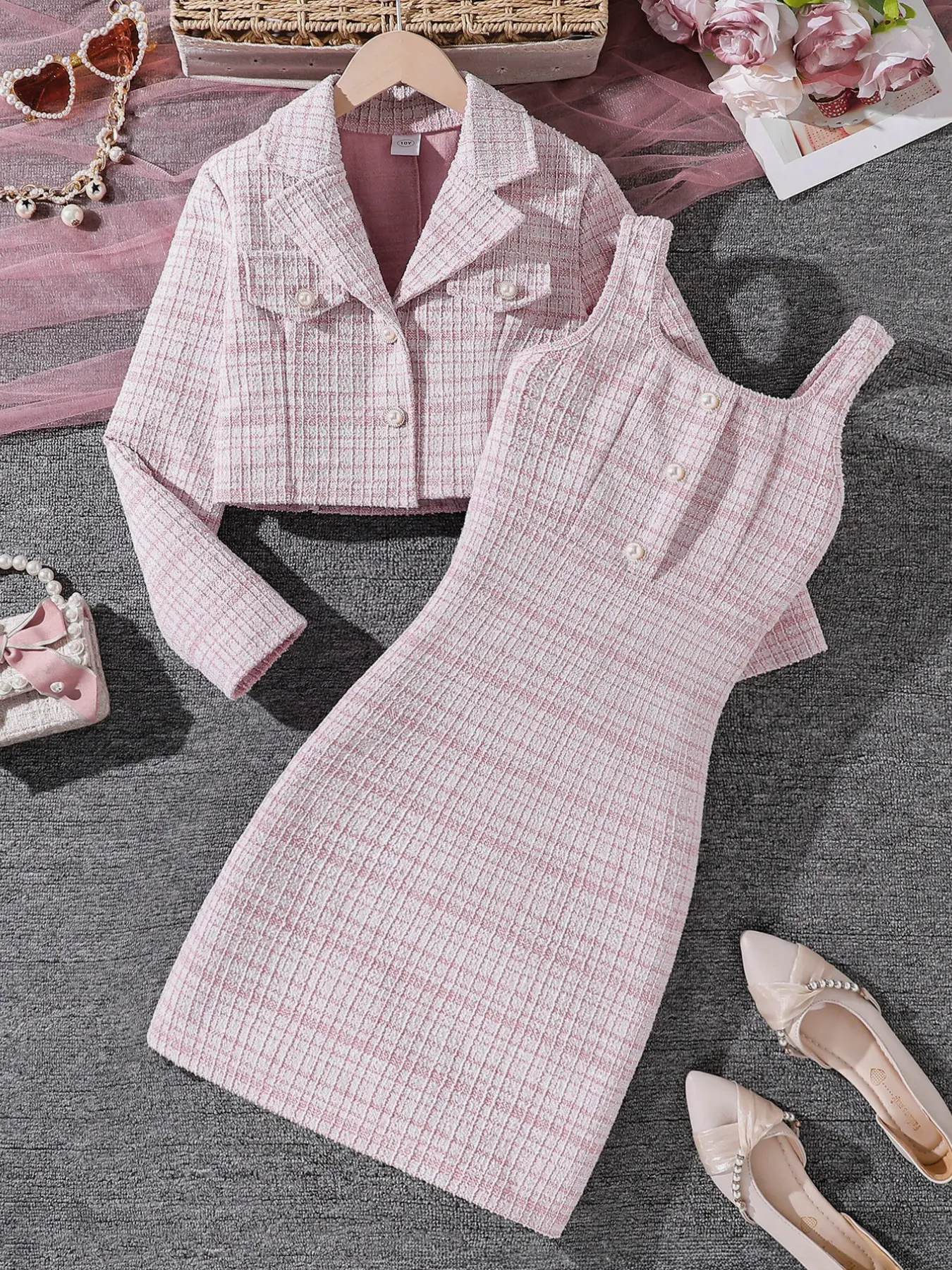 Girls' 2-Piece Set, Small Perfume Style, Button-Down Collar Short Cardigan Long Sleeve Jacket with Dress, Chic Sweet Elegant Casual Outfit, Casual Wear, Cute Clothing Set, Clothes Sets, Fashion Style Sets