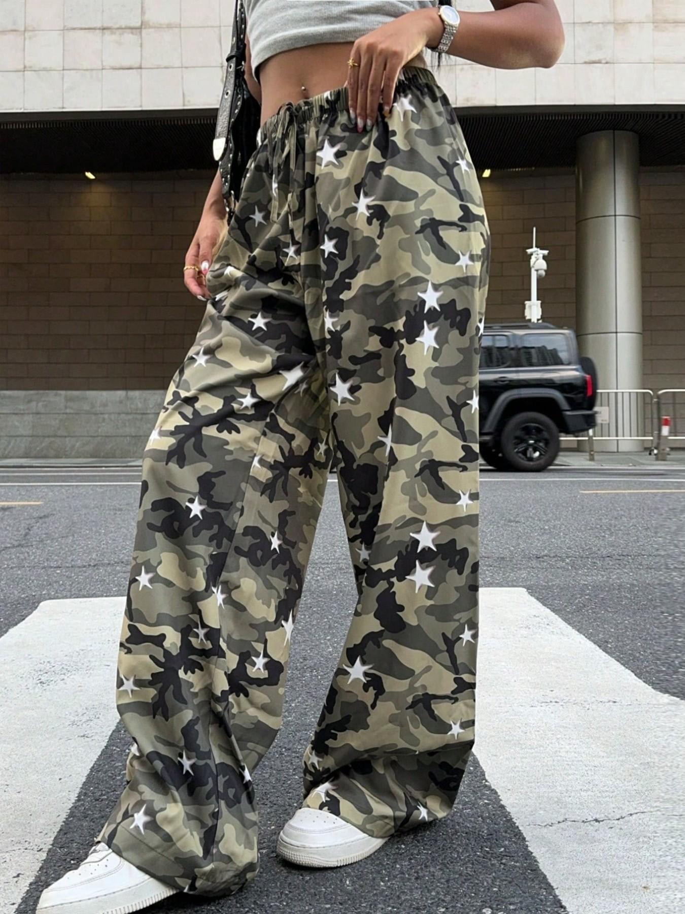 Trendy Camouflage Star Print Wide Leg Pants, High Waist Drawstring Elastic Waist Street Style, Multiple Colors Available
