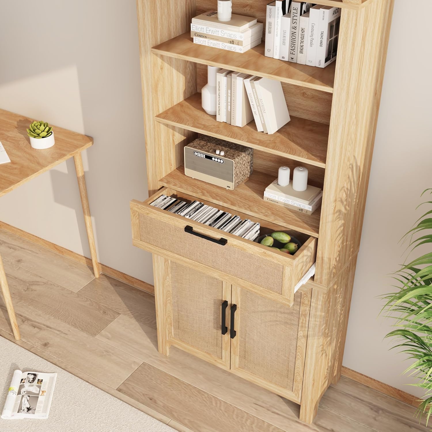 Giratree 79" Tall Arched Bookcase with Storage, Mid Century Modern 6-Tier Cabinet with Door and Drawer, Arched Bookshelf with Open Display Shelf for Office Living Room kitchen storage cabinet