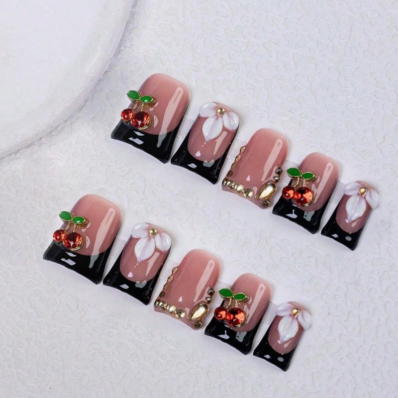 10pcs Y2K Black And Red Short Duckbill Press On Nails, Acrylic Press Nail, Three-Dimensional Flower Handmade Fake Nails, 3D White Flower Design, Shiny Cherry Decoration, Rhinestone Embellishment, Elegant And High-End Nail Art, Suitable For Daily