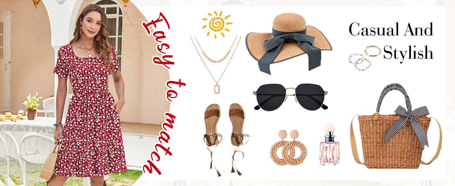 AUSELILY Womens Square Neck Dresses Casual Short Sleeve Dress A-Line Ruffle Sundress with Pockets SpringStatements