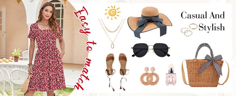 AUSELILY Womens Dresses 2025 Casual Short Sleeve Dress Square Neck A-Line Ruffle Sundress with Pockets