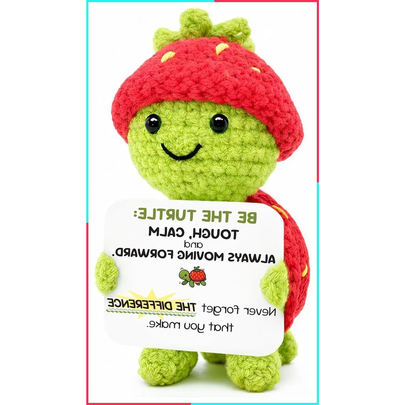 Cute Strawberry Turtle Crochet Stuffed Animal – Positive Crochet Turtle Plush Toy, Back to School Gift for Kids, Employee Appreciation Gift