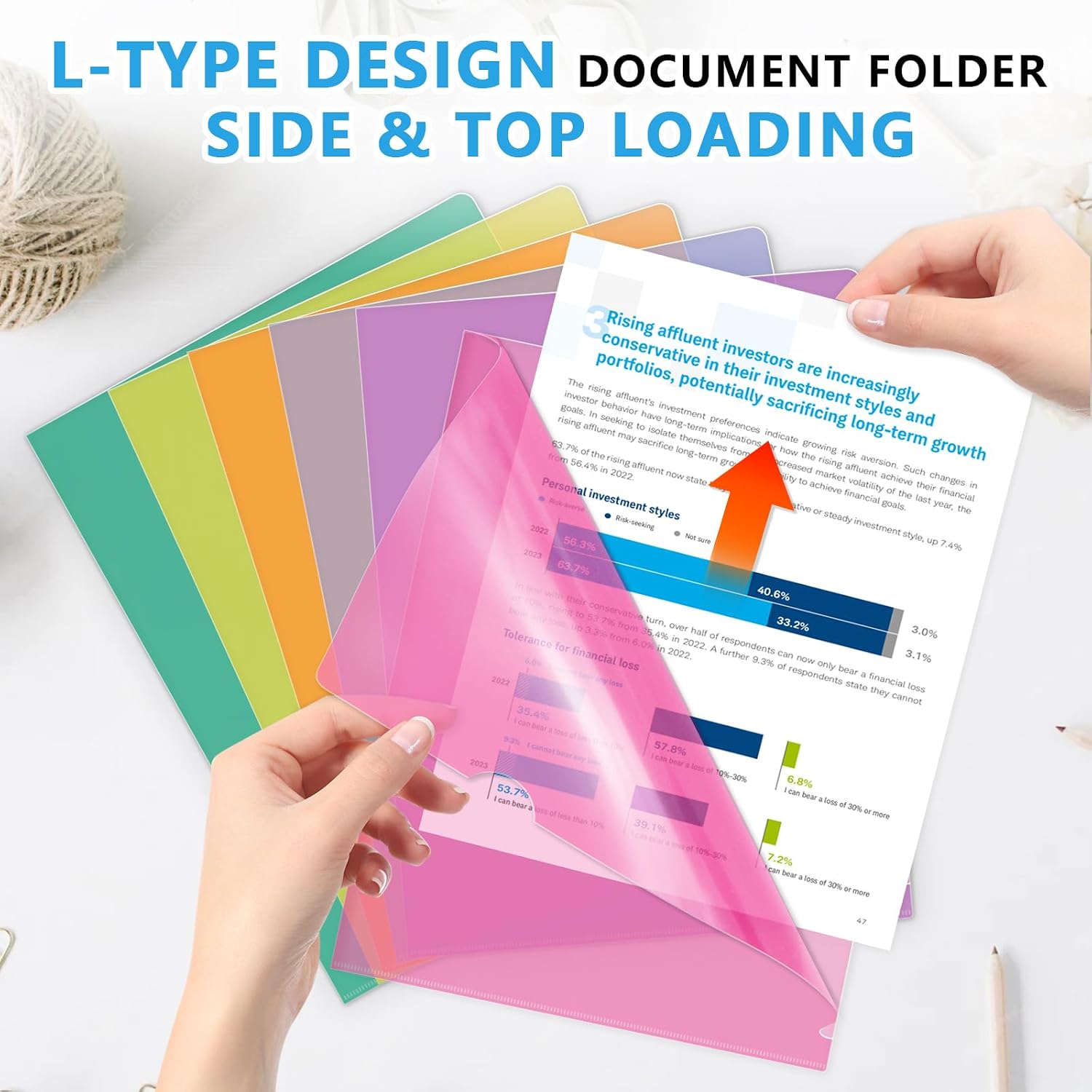 12 Pack Multi-Colors L-Type Top&Side Load Translucent Plastic File Folder Sleeves, 8.5x11" Letter Size Document Folders for School/Office Use