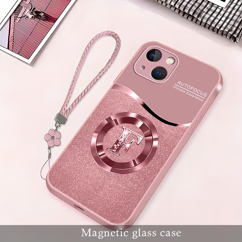 Personalized Initial Letter Rhinestone Magnetic Case for iPhone 13, Luxury Glitter Glass Cover with Lanyard Wrist Strap  ----975