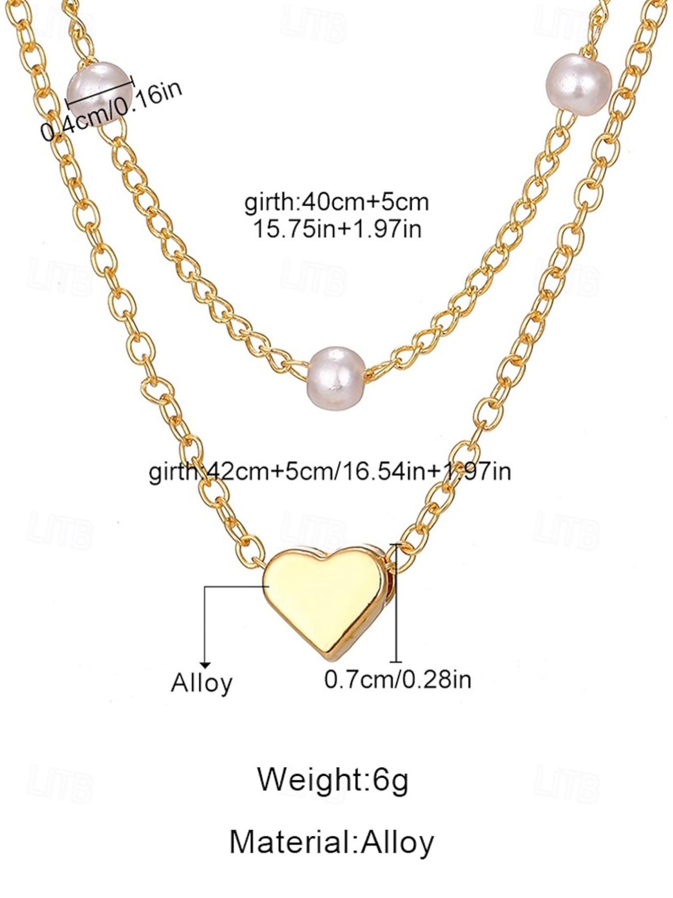 Women's Heart Pendant Necklace & Bracelet Set, Dainty Layered Chain with Pearl Beads, Elegant Romantic Jewelry Gift