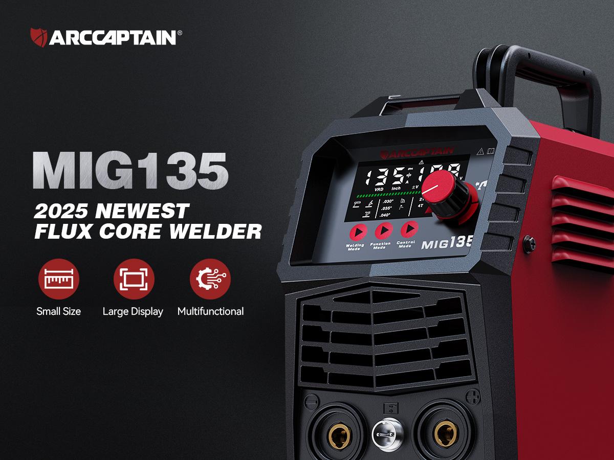 ARCCAPTAIN 135A MIG Welder, 2025 Newest [Large LED Display] 110V Welder Flux Core MIG, Lift TIG, Stick, 3 in 1 Welding Machine Gasless MIG Welder Machine 110V, IGBT Inverter Welder with Synergy, 2T/4T