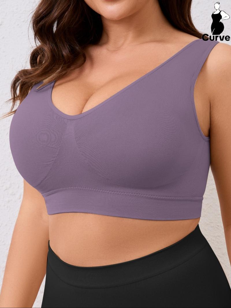 Women's Plus Size Push Up Bra, Soft Comfortable Wide Strap Crop Top, U-Shape Back,With Removable Pads,  Casual Basic Top,Lady Underwear All Season Wear, Solid Backless Bra