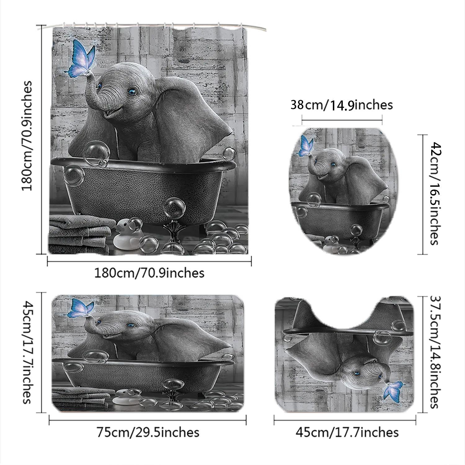 Elephant Pattern Bathroom Accessories Set, Shower Curtain, U-Shaped Toilet Pad, Long Rectangle Mat, Toilet Seat Cover, Fashionable Bath Decor