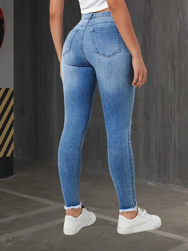 New stretch denim jeans with slits and slim fit for ladies, fashionable long pants for women