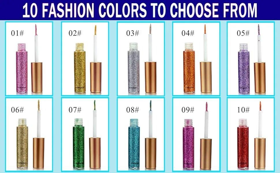 10-Color Glitter Liquid Eyeliner Set - Waterproof Longwear Eye Liner with Flexible Tip, High-Pigment Eye Makeup Products, Long Lasting Eyeliner, Liquid Gold, Graphic Eyeliner