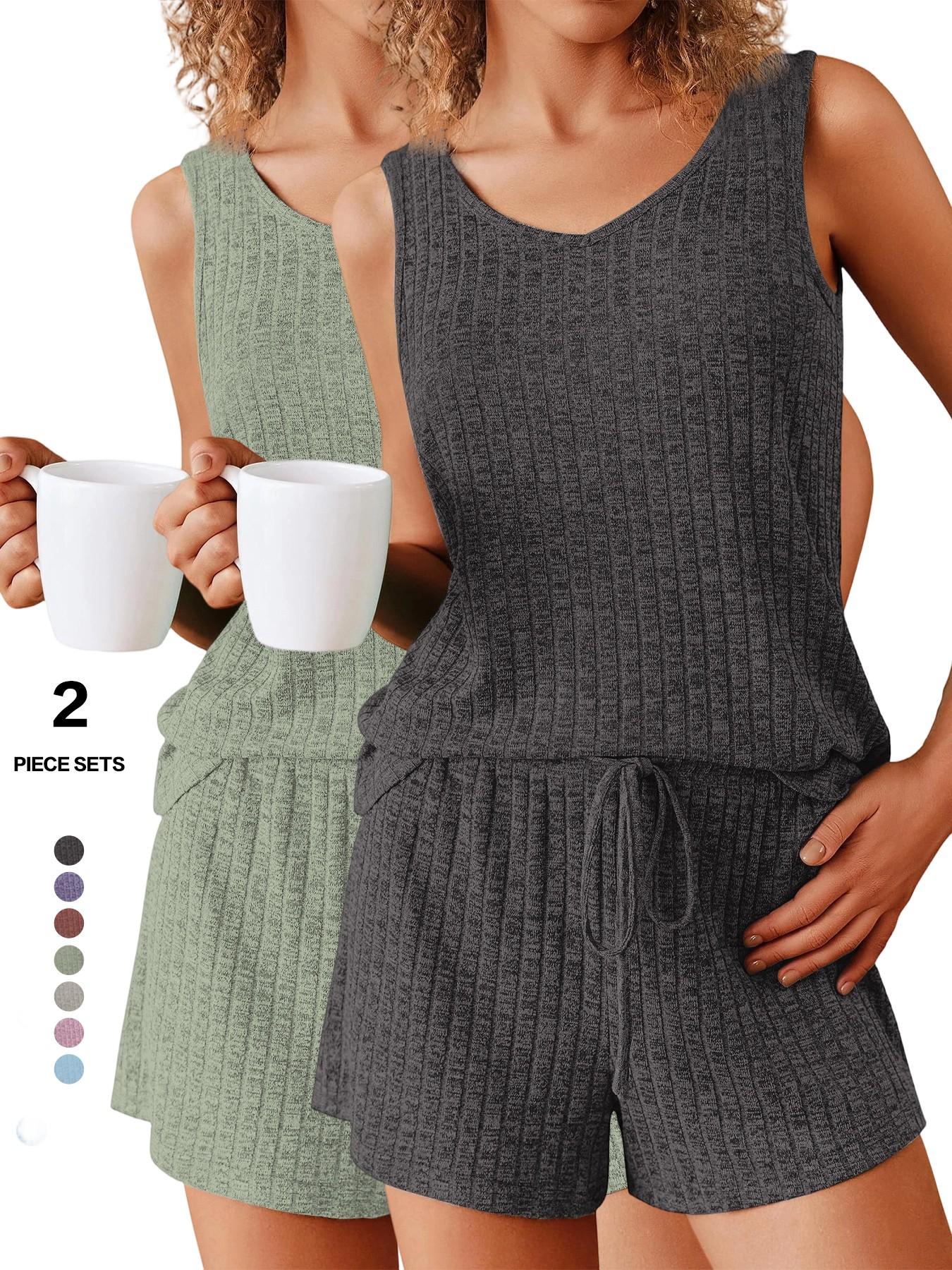 Women's 2-Piece Sleeveless Summer Pajamas Set, Ribbed Knit Tank & Shorts, Casual Fitted Elastic Design, Solid Color Loungewear