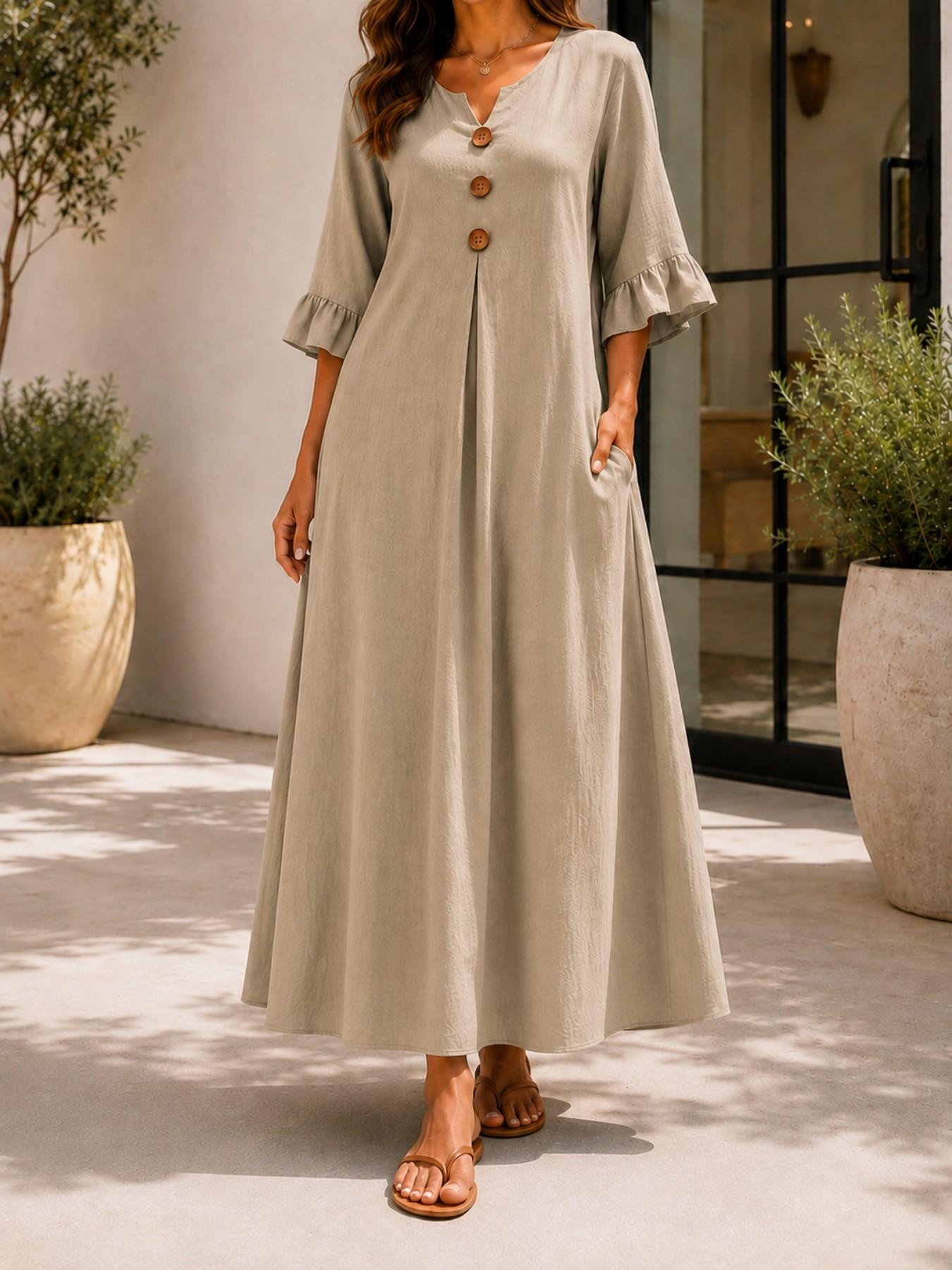 Plus Size Women's Solid Color Feminine Notched-Neck Wooden Button Dress, Loose-Fit Ruffle Sleeve Long Dress, Casual Style A-Line Dress for Office & Vacation