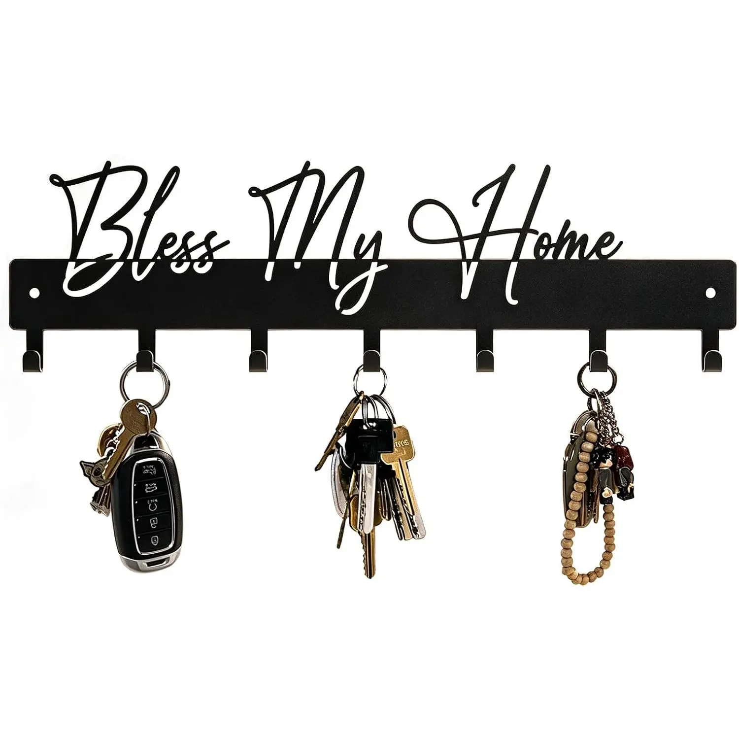 Exquisite Fashion Phrase Key Holder Wall Mount,Bless My  Key Hooks for Wall Decoration,Black Metal Key Hanger with 7 Hooks for Entryway,Office,Living Room Decor