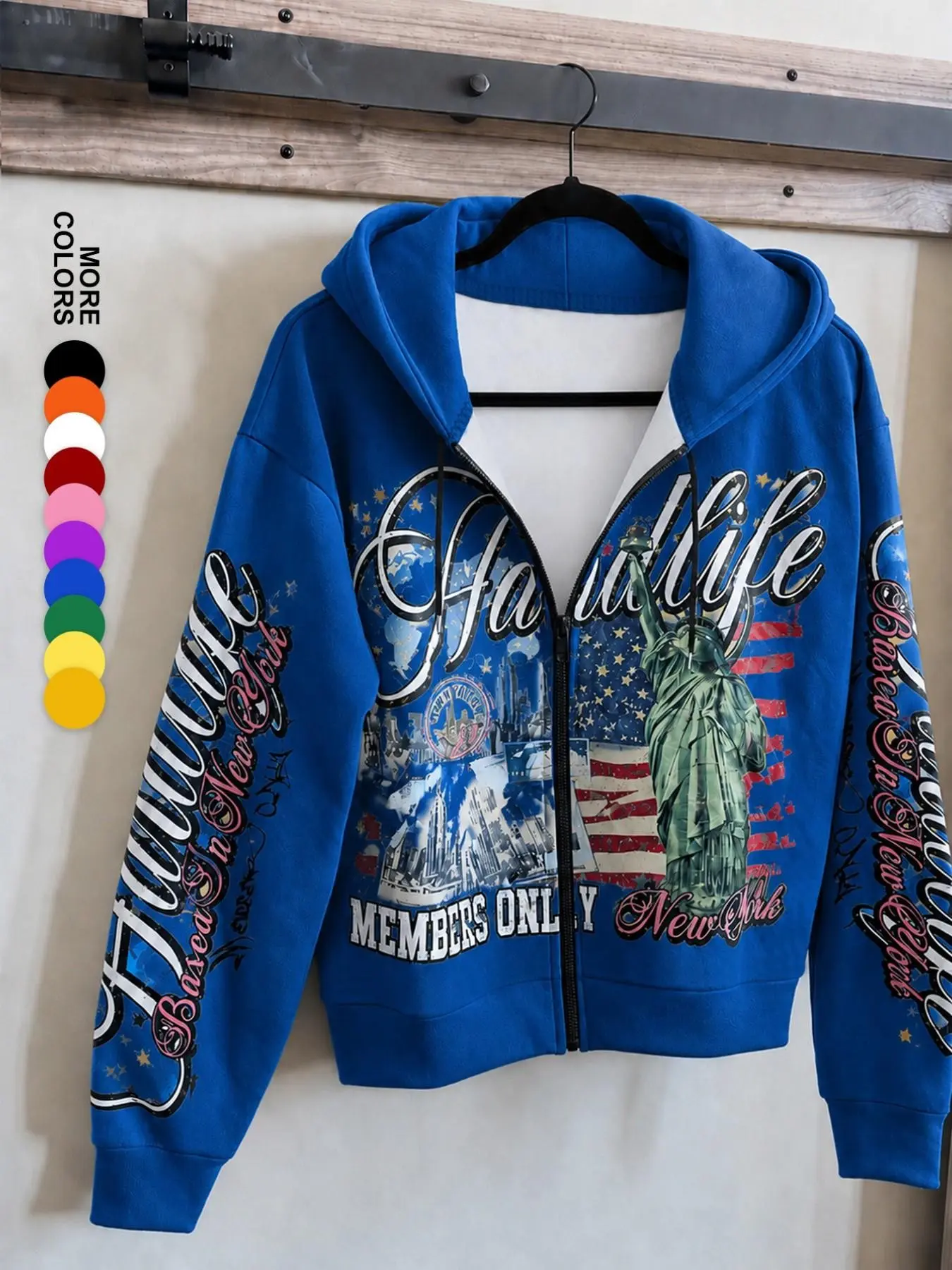 Vintage New York Pattern Zip-Up Hoodie, Retro Collage Print, Statue of Liberty and 'hardlife' Text, Bright, Y2K Streetwear Style