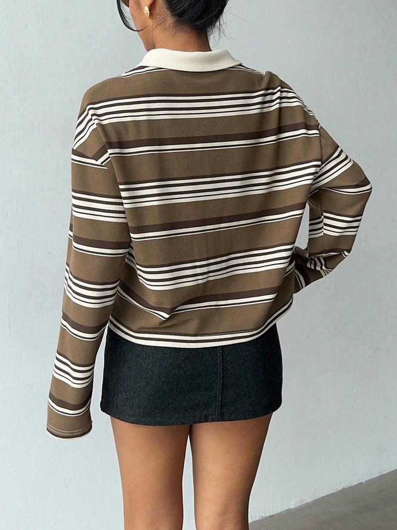 Striped Lapel Long Sleeve Top, American Casual Style, Loose Fit + Lapel Design, Perfect for Daily Commute Wear