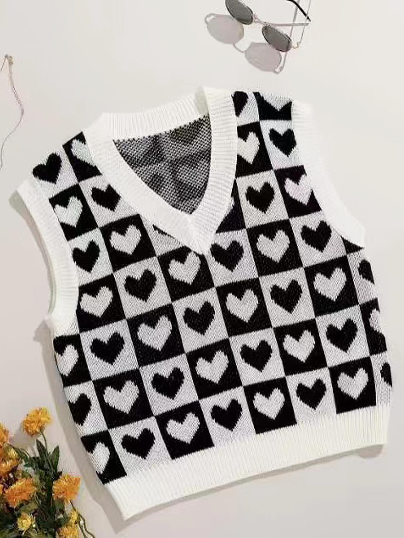 Women's Heart & Plaid Print V Neck Sweater Vest, Casual Sleeveless Knit Top for Daily Wear, Ladies Knitwear for All Seasons, Casual Comfy Vests