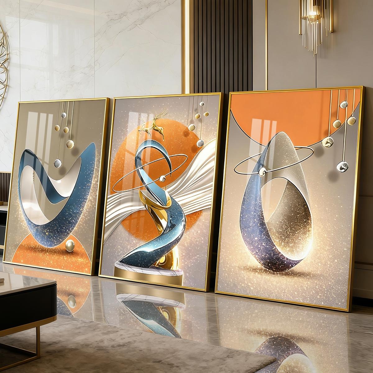 3 Counts Aluminum Alloy Framed Painting, Modern Abstract Geometric Sculpture Art Pictures, Home Decoration For Living Room, Bedroom, Office, Restaurant, Hallway Wall Decor, Odorless Print Artwork, Luxury Perfect Gift For Friends And Family