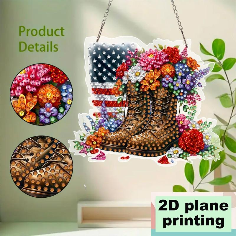 2D Acrylic DIY Diamond Painting Kit, Boot and Floral Design, American Flag, Irregular Diamonds, Home Decor, Perfect Gift