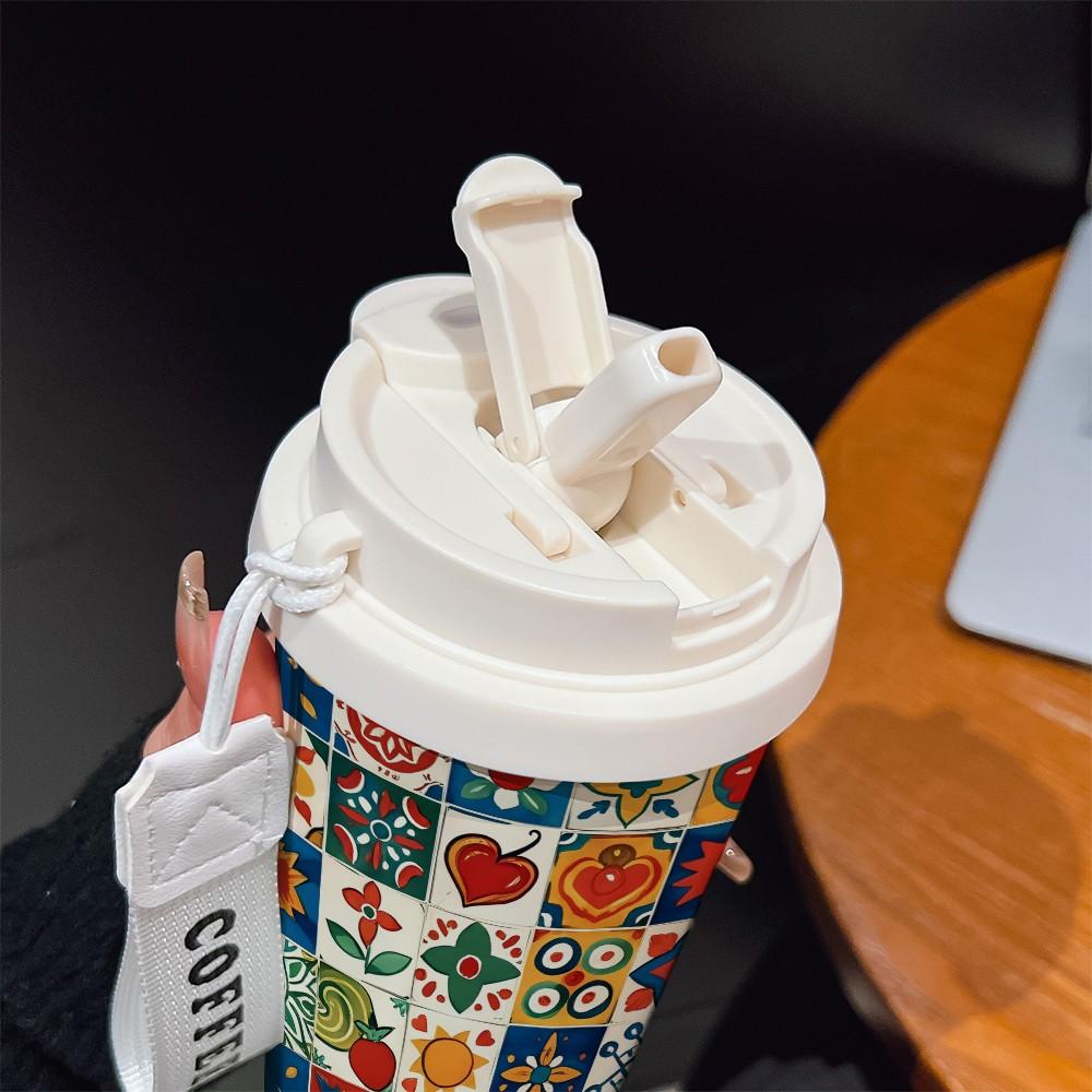 Abstract Grid Pattern Coffee Cup, Portable Dual Drink Insulated Tumbler, Keeps Hot/cold, Stylish, Ideal for Office, Travel, Sports, Golf